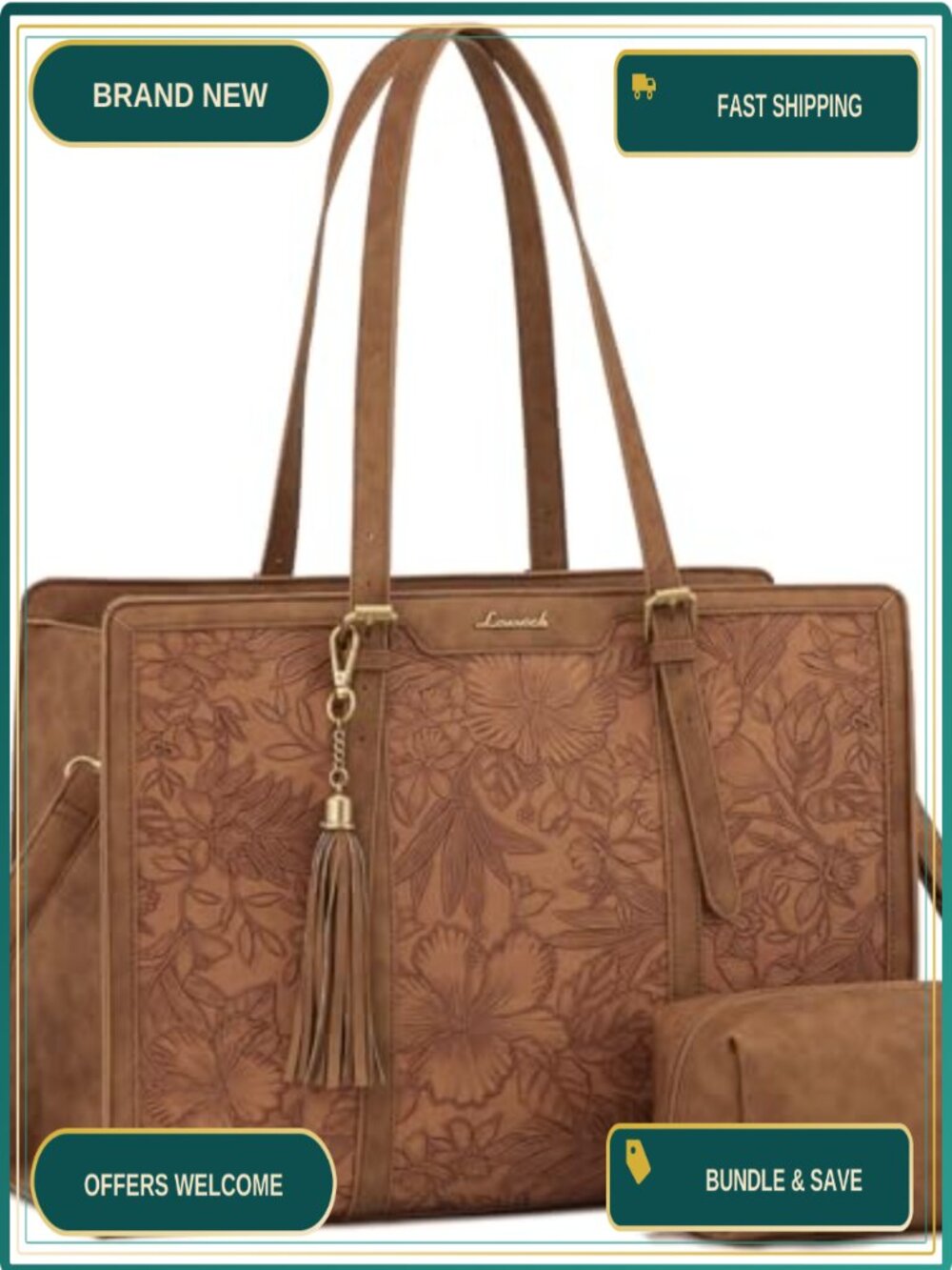 LOVEVOOK Laptop Bag for Women, Vintage PU Leather 15.6 Inch Work Tote with